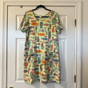 Fresh Produce Short Sleeve Dress Women's L Fish Print Pocket Front Green Cotton
